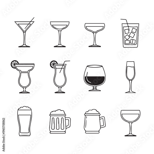 Assorted Cocktail and Beverage Glasses Collection Line Art Icons Minimalist Style