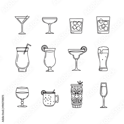 Assorted Cocktail and Drinkware Glasses Collection Line Art Iconography Beverage Service Elements