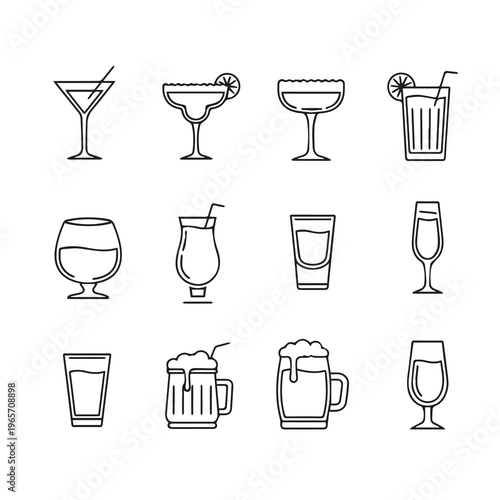 Assorted Cocktail Glasses and Beverage Drinkware Icons Set Vector Line Art