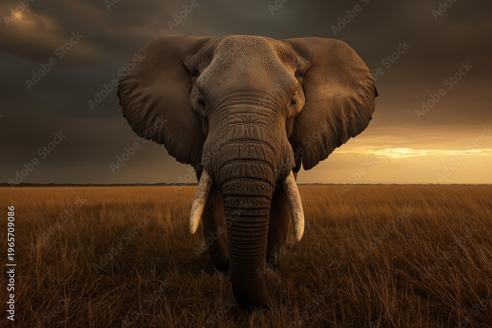 Fototapeta premium animal by ai, elephant standing in the savanna at sunset with stormy sky, majestic, looking into camera, dramatic sky, photorealistic