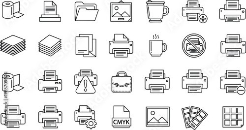 Minimalist black outline vector printer icons set featuring office printing equipment paper stacks document files folders and professional printing service symbols.