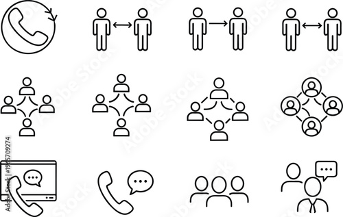 Communication And Social Distancing Line Icon Set Featuring People Networking, Phone Calls, Team Collaboration, And Safety Distancing Symbols For Business.
