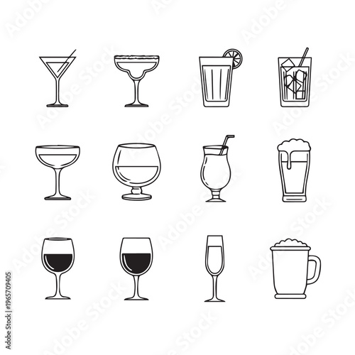 Assorted Drinkware Collection: Glassware Varieties for Beverages | Minimalist Line Art Style