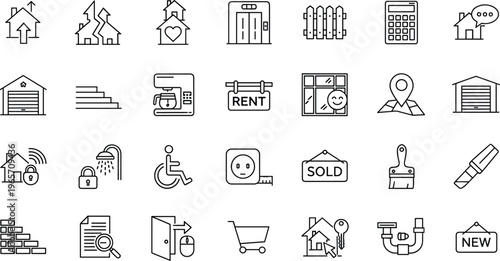 Real Estate And Home Improvement Line Icon Set Featuring Houses, Rent Signs, Sold Signs, Tools, Keys, Plumbing, And Construction Symbols, For Property.
