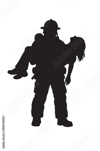 Brave fireman silhouette carrying a victim for rescue operation in emergency.