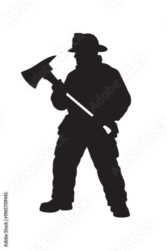 Fireman silhouette holding an axe for professional rescue and emergency service.