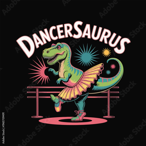 A whimsical dinosaur performing ballet on a stage with vibrant lights isolated on white background, Vector, illustration