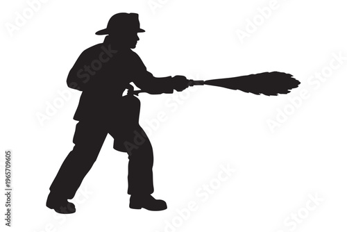 Firefighter silhouette holding fire nozzle hose for industrial fire protection.