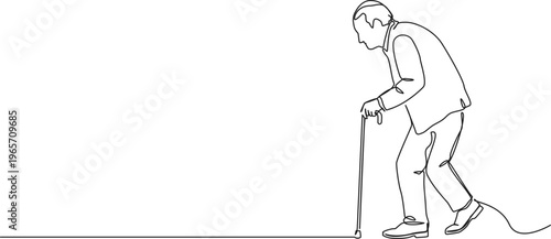 continuous line drawing of an elderly hunched man walking with a cane, line art vector illustration