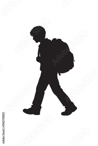 Student silhouette walking with heavy backpack for school or university commute.