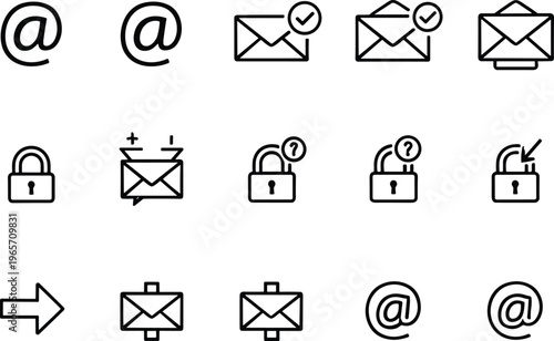 Minimalist black outline vector email security icons set featuring envelope at sign padlocks protection checkmark arrow and communication interface graphic symbols.
