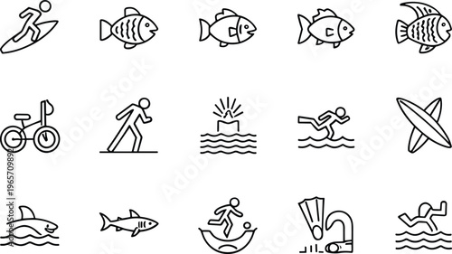 Water Sports Line Icon Set Featuring Surfing, Swimming, Diving, Fish, Sharks, Bicycles, Kayaks, And Snorkeling For Summer Vacation And Marine Adventure.