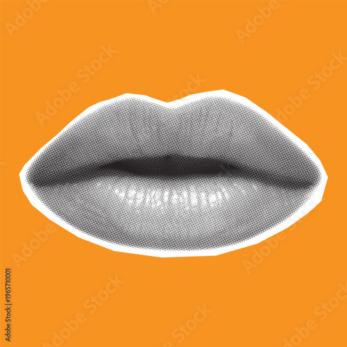 Retro halftone collage lips for use in mixed media designs. Dotted pop art style human mouth smile with half-tone texture. 