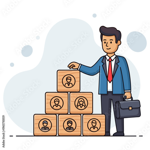Businessman arranging employee boxes representing team structure at office. non editable strokes