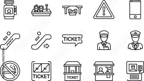 Minimalist black outline vector transportation icons set featuring train station tickets escalator warning signs security staff and public transit facility symbols.
