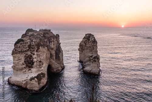 Sunset view of Pigeon Rock in Beirut, capital of Lebanon