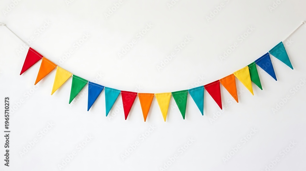Obraz premium Colorful triangular pennant banner on white background for party decoration and celebration