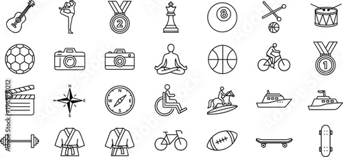 Lifestyle And Hobbies Line Icon Set Featuring Sports, Music, Photography, Yoga, Medals, Chess, Cycling, Travel, And Fitness Symbols For Recreation.
