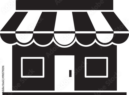 Black and white storefront, shop awning, building icon, vector illustration, commercial architecture