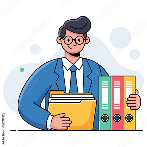 Businessman holding folders and binders in office context. non editable strokes