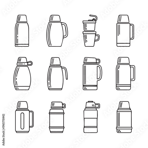 Assorted Insulated Flasks and Thermos Containers Collection Clean Line Art Style