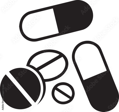 Black and white pill icons, medication symbols, capsule graphics, drug illustrations, health signs