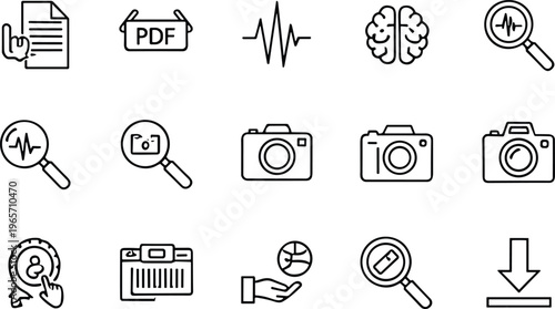 Photography and Digital Analysis Vector Icon Set Featuring DSLR Camera PDF Document Brain Research Magnifying Glass Sound Wave and Download,
