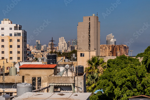 Skyline of Beirut, capital of Lebanon. Partially collapsed port grain silos visible.