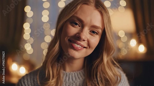 A young woman with blonde hair and blue eyes smiles warmly, her hands held up in a welcoming gesture against a backdrop of soft, blurred lights