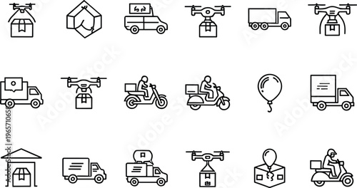 Logistics and Delivery Service Vector Icon Set Featuring Delivery Drones Trucks Motorbike Couriers Cargo Packages Warehouse Storage and Fast Shipping Symbols,
