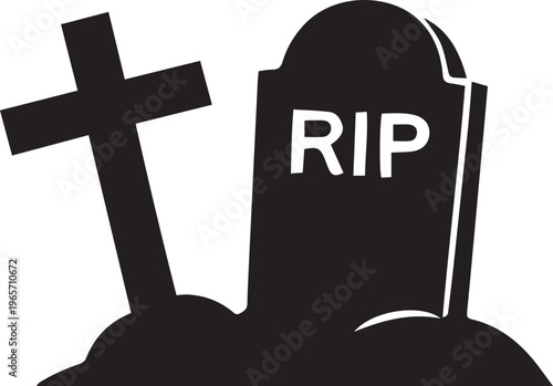 Black silhouette tombstone, RIP gravestone, cross on grave, Halloween icon, death symbol
