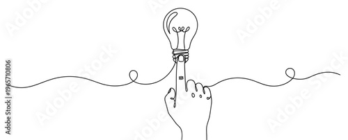 Hand pointing to illuminated light bulb representing idea. No editable stroke