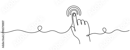 Hand pressing button in continuous line on white background. No editable stroke