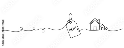 House and rent tag displayed in continuous line illustration. No editable stroke