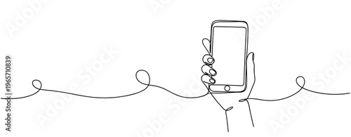 Hand holding smartphone in continuous line drawing on white. No editable stroke