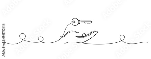 Hand presenting key above palm on continuous line. No editable stroke