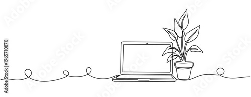 Laptop paired with potted plant on flat surface in workspace. No editable stroke
