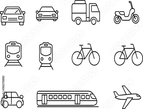 Transportation Line Icon Set Featuring Cars, Trains, Airplanes, Bicycles, Scooters, And Delivery Trucks For Logistics, Travel, Commuting, And Urban Shipping Symbols.