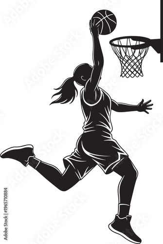 Basketball, woman dunking, sports illustration, athletic action, black silhouette