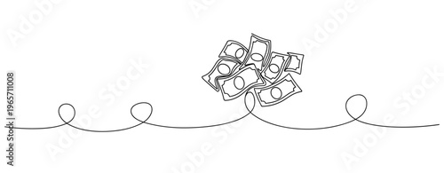 Stack of money bills scattered along continuous line design. No editable stroke