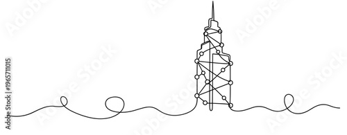 Tall building connected with network nodes in skyline. No editable stroke