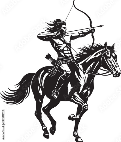 Zodiac Centaur Archer, Mythical Horse Rider, Black Vector Illustration, Astrology Symbol