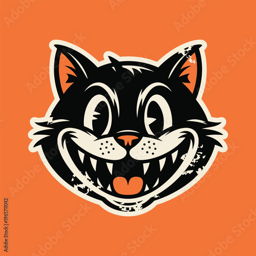 Cartoon cat with a mischievous grin against an orange background isolated on white background, Vector, illustration