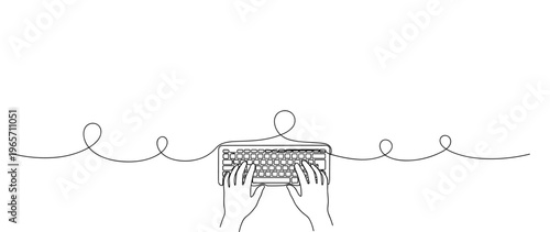 Hands typing on keyboard over continuous line background. No editable stroke