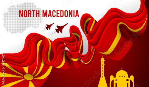 North Macedonia Ribbon Flag Abstract Red Yellow Sunburst Design