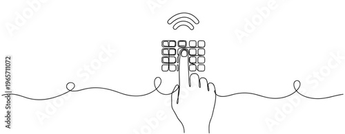 Hand pressing keypad button indicating wireless access connection. No editable stroke
