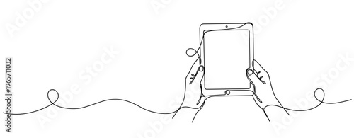 Two hands holding tablet device in continuous line illustration. No editable stroke