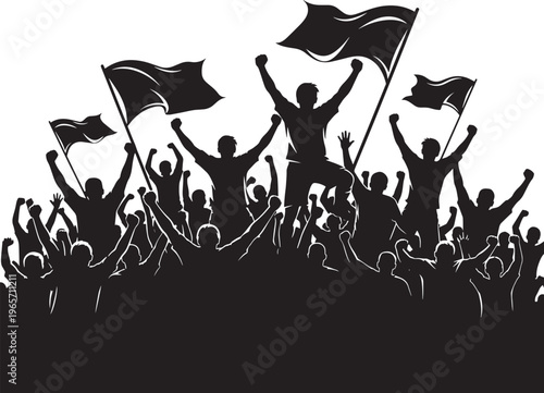 Crowd cheering, protest signs, black silhouettes, celebration vector, festival crowd