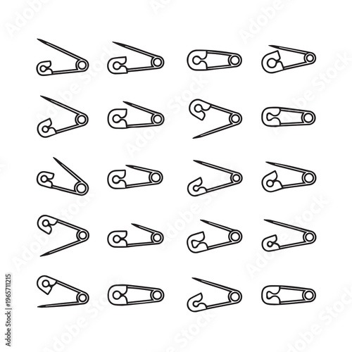 Assorted Safety Pins Open Closed Different Angles Isolated White Background Line Art