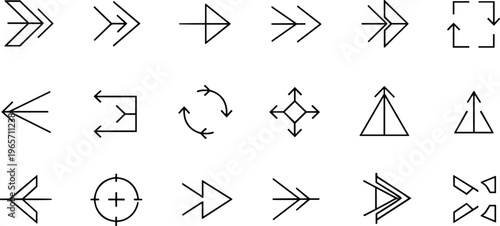 Minimalist black outline vector arrow icons set featuring geometric pointers directional symbols navigation marks abstract shapes and next button graphic elements.